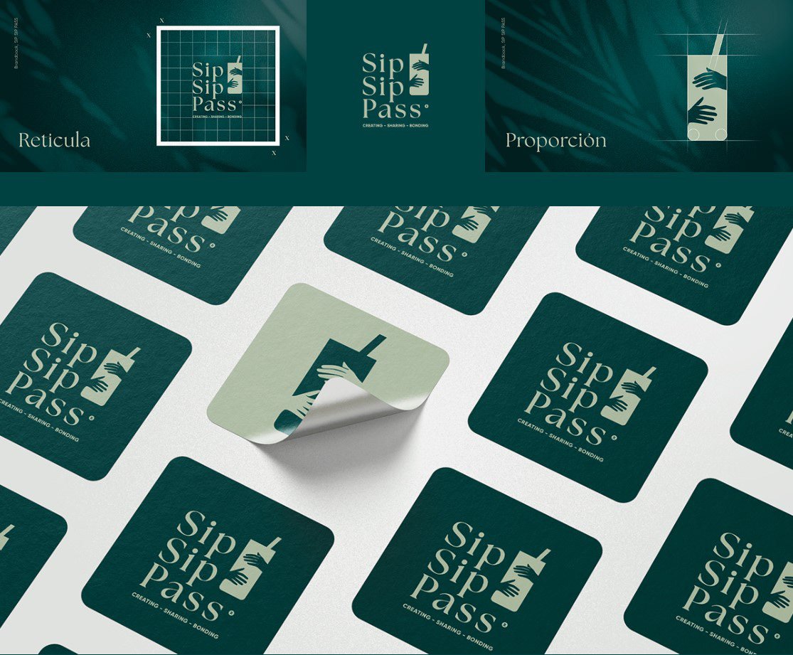 Sip Sip Pass — retícula, proporción y mockup de stickers